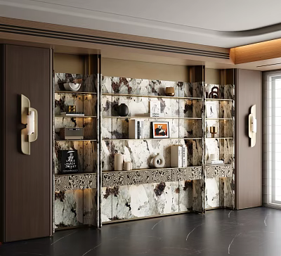 Elegant Modern Wine Cabinet With Glass Doors And Decorative Shelves Holding Ornaments Books And Vases 3d model