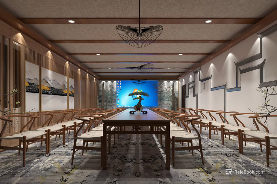 Chinese Style Meeting Room With Long Wooden Table Arranged Chairs Ceiling Fans And Decorative Paintings 3d model 