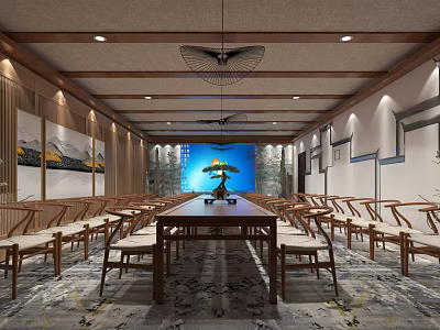 Chinese Style Meeting Room With Long Wooden Table Arranged Chairs Ceiling Fans And Decorative Paintings 3d model