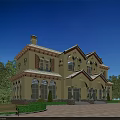 Elegant Yellow Twin Villa Exterior With Orange Roof Arched Porch And Green Lawn