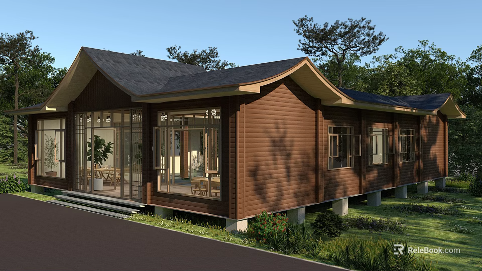 Traditional Wooden Ancient Building With Sloped Roof Large Windows And Greenery Surroundings 3d model 