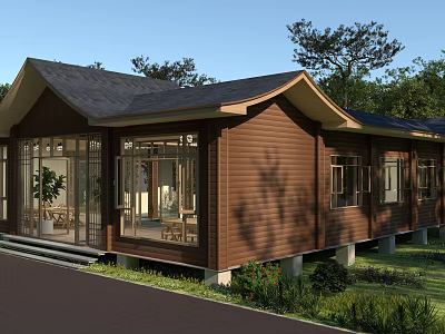 Traditional Wooden Ancient Building With Sloped Roof Large Windows And Greenery Surroundings 3d model