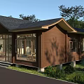 Traditional Wooden Ancient Building With Sloped Roof Large Windows And Greenery Surroundings