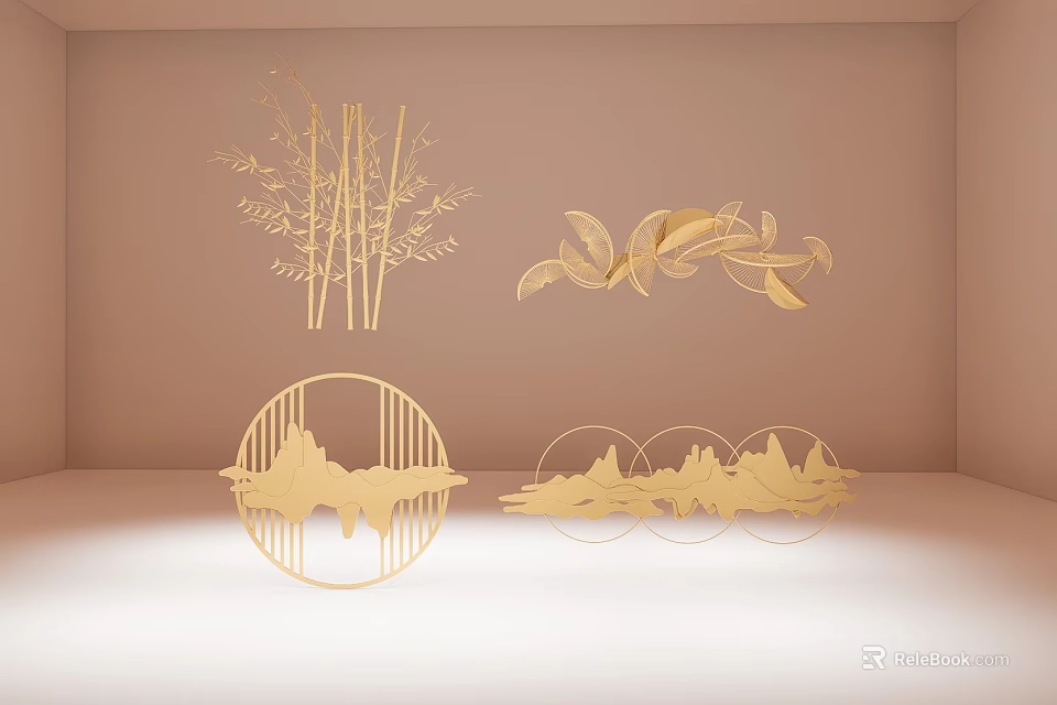 Modern Golden Metal Wall Decor With Bamboo Leaf And Mountain Patterns 3d model 