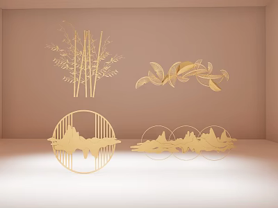 Modern Golden Metal Wall Decor With Bamboo Leaf And Mountain Patterns 3d model