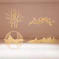 Modern Golden Metal Wall Decor With Bamboo Leaf And Mountain Patterns 3d model