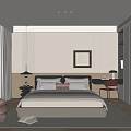 Modern Bedroom Interior Design With Bed Nightstand Lamp Wall Art Curtains Rug And Ottoman
