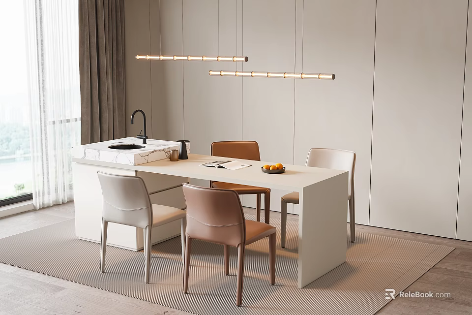 Modern White Dining Table Set With Light Colored Chairs Pendant Lights And Natural Light 3d model