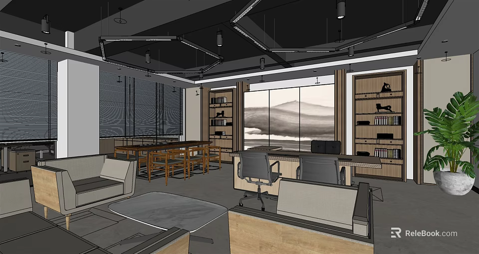 Modern Office Interior With Desks Chairs Bookshelves And Mountain View Windows 3d model 
