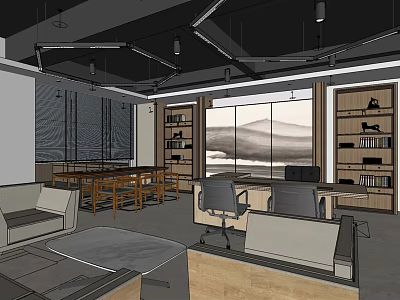 Modern Office Interior With Desks Chairs Bookshelves And Mountain View Windows 3d model
