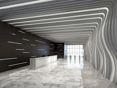 Modern Reception Lobby With Black Wall White Wavy Ceiling Marble Floor And Reception Desk 3d model