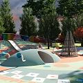 Vibrant Outdoor Playground With Colorful Circular Ground Slide Swings And Lush Trees