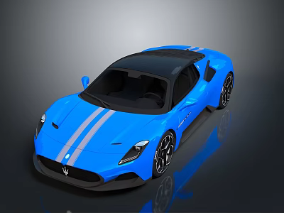 Blue Sports Car With White Stripes Black Roof And Modern Sporty Design 3d model