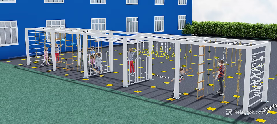 Outdoor Children's Play Area With Climbing Structures Hanging Rings And Kids Playing 3d model 