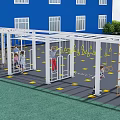 Outdoor Children's Play Area With Climbing Structures Hanging Rings And Kids Playing