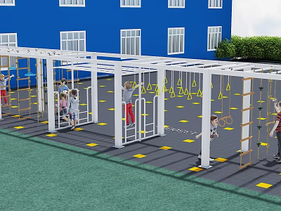 Outdoor Children's Play Area With Climbing Structures Hanging Rings And Kids Playing 3d model