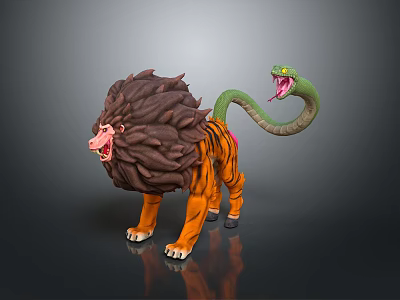 Lion Head Snake Tail Hybrid Creature Character With Orange Body And Green Open Mouth 3d model