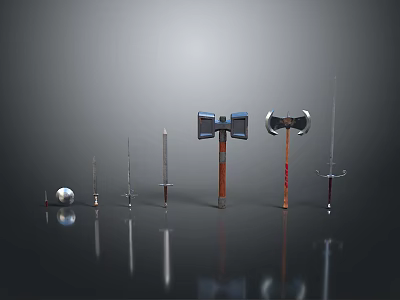 Collection of Various Metal Weapons with Modern Design Including Swords Axes and Hammers 3d model