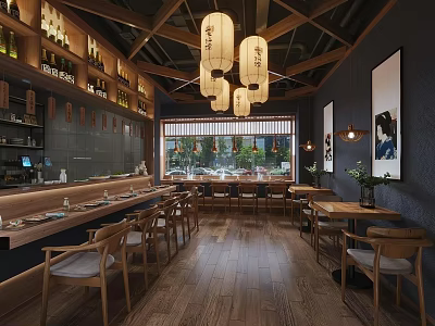 Japanese Restaurant Interior With Hanging Lanterns Wooden Bar Dining Tables And Green Window View 3d model