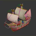 Ancient Sailing Ship Model Water Vessel With White Sails Purple Hull And Decorative Flags