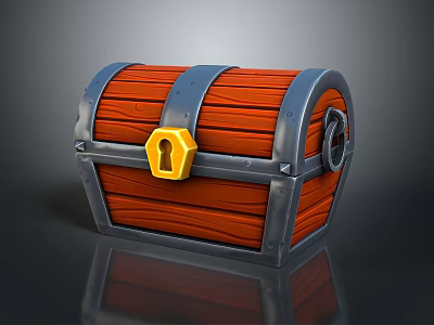 Wooden Treasure Chest With Red Planks Metal Straps Yellow Lock And Handle 3d model
