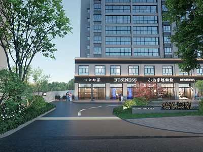 Vibrant Commercial Street With High Rise Buildings Shops Signboards And Greenery 3d model