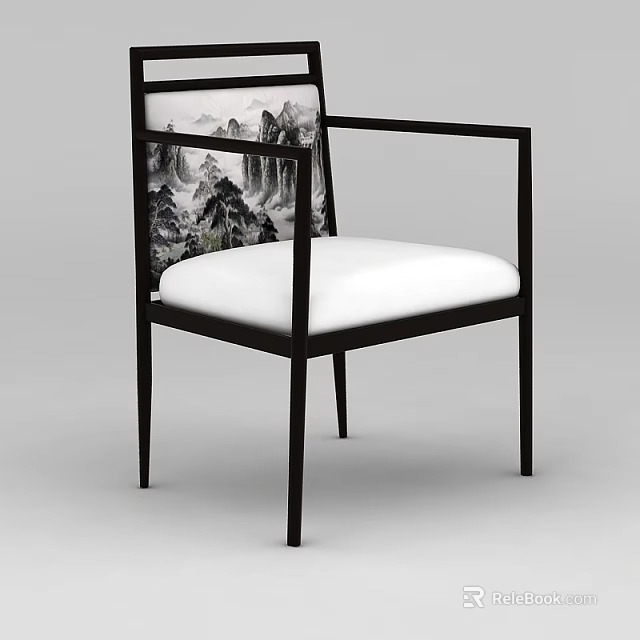 Chinese Style Chair With Black Frame Armrest And Mountain Landscape Backrest White Cushion 3d model 