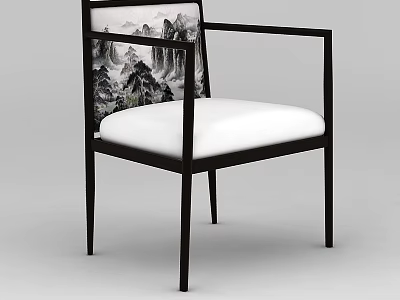 Chinese Style Chair With Black Frame Armrest And Mountain Landscape Backrest White Cushion 3d model