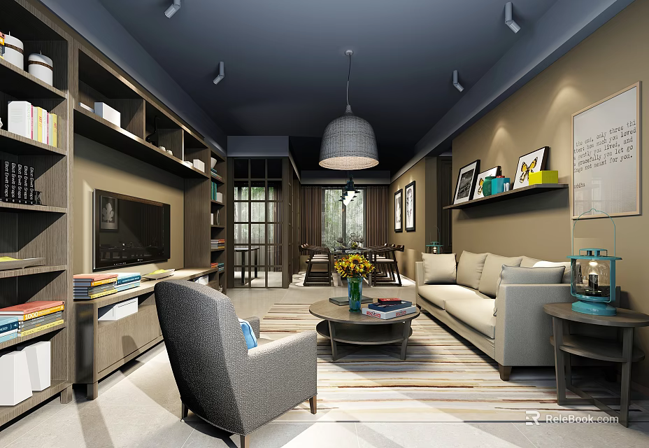 Modern Living Room Interior With Bookshelves Sofa Armchair Coffee Table And Pendant Lamp 3d model 