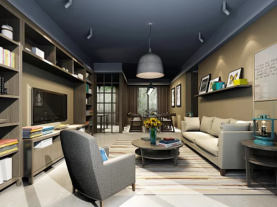 Modern Living Room Interior With Bookshelves Sofa Armchair Coffee Table And Pendant Lamp 3d model
