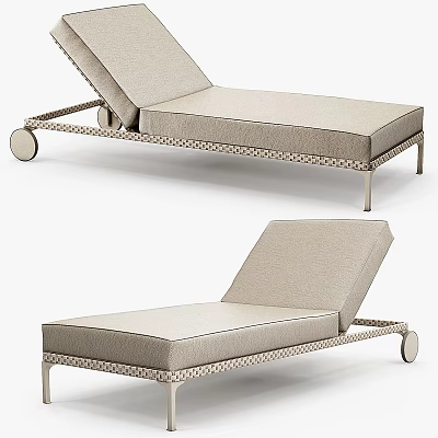 Modern Beige Chaise Lounge With Metal Frame Woven Details And Rolling Wheels 3d model