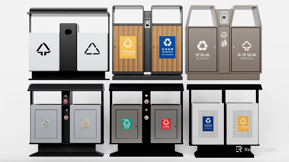 Public Waste Sorting Trash Bins With Multiple Compartments And Recycling Labels 3d model