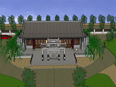 Traditional Ancient Chinese Architecture With Tiled Roof Stone Steps And Green Trees 3d model