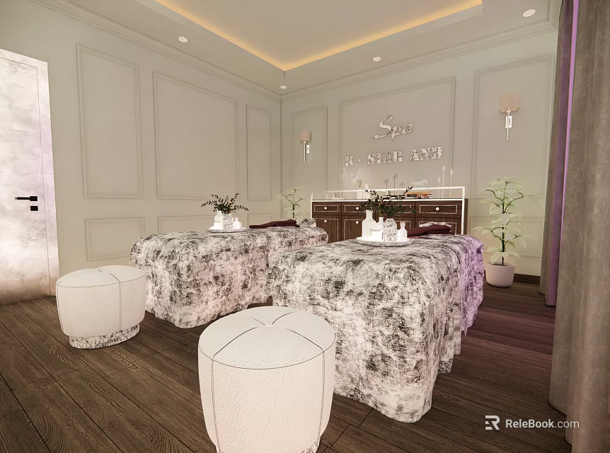 Elegant Spa Room Featuring Two Massage Tables Patterned Sheets White Stools and Decorative Lights 3d model 