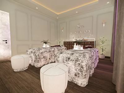 Elegant Spa Room Featuring Two Massage Tables Patterned Sheets White Stools and Decorative Lights 3d model