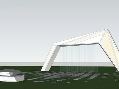 Modern White Geometric Entrance Gate With Transparent Water Feature And Paved Ground 3d model