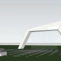 Modern White Geometric Entrance Gate With Transparent Water Feature And Paved Ground