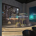Modern Bar Interior With Bar Counter Bottle Shelves Circular Moon Lamp And Neon Lights