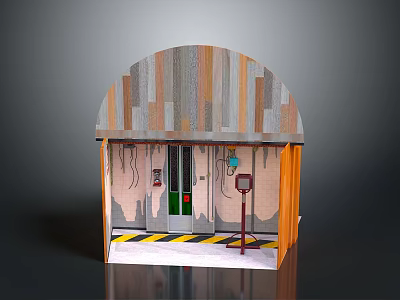 Parking Meter Installed At Small Building With Arched Roof And Green Door 3d model