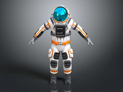 Man In 3D Rendered Astronaut Suit With Orange White Stripes And Blue Helmet 3d model