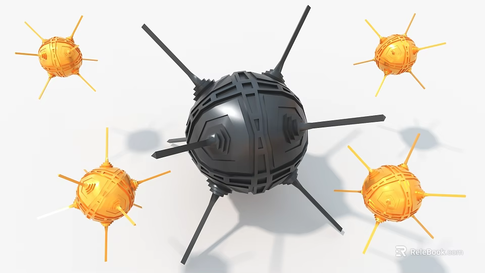 Modern Black Spherical Art Installation With Spiked Structure Surrounded By Yellow Orbs 3d model 