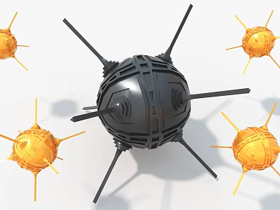 Modern Black Spherical Art Installation With Spiked Structure Surrounded By Yellow Orbs 3d model