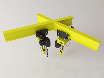 Yellow Cross Shaped Industrial Lifting Equipment With Black Hoists And Chains 3d model