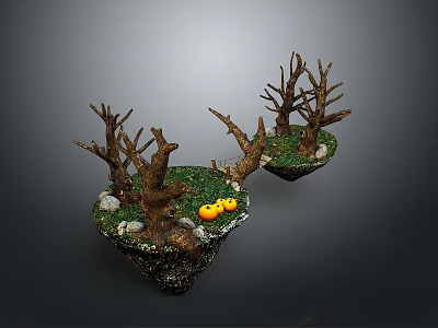Natural Scene With Dry Trees Green Grass Stones And Yellow Fruits On Floating Islands 3d model