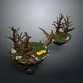 Natural Scene With Dry Trees Green Grass Stones And Yellow Fruits On Floating Islands
