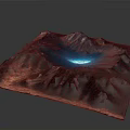 Square Mountain Terrain Model With Red Brown Landscape And Blue Glowing Center