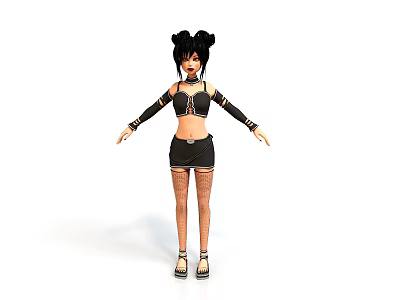 3D Female Character With Black Pigtails Crop Top Skirt Fishnet Stockings High Heels Arm Cuffs 3d model