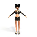 3D Female Character With Black Pigtails Crop Top Skirt Fishnet Stockings High Heels Arm Cuffs