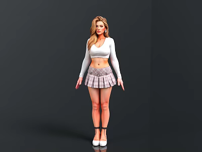 Woman in white crop top with long sleeves and plaid pleated skirt in strapped high heels 3d model