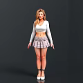 Woman in white crop top with long sleeves and plaid pleated skirt in strapped high heels